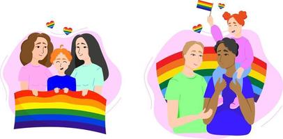 A set of LGBT families. Flat vector illustration. Gays and lesbians