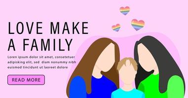 familia lesbiana en el fondo de la bandera lgbt. ilustración vectorial en un estilo plano. plantilla de banner lgbt sobre fondo rosa. vector