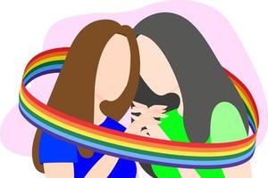 A lesbian couple in love holds hands wrapped in a ribbon with an LGBT flag. Flat vector illustration.