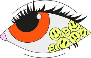A psychedelic eye with emoticons inside. Flat vector illustration.
