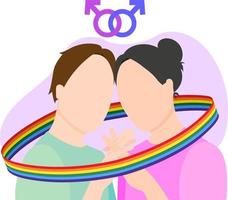 A gay couple in love holds hands wrapped in a ribbon with an LGBT flag, under the signs of Mars. Flat vector illustration.