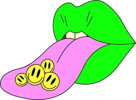 Psychedelic yellow lips with a protruding tongue. Emojis on the tongue. vector