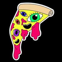 Psychedelic pizza sticker with eyes and mouths. Pink liquid drips from the pizza. Surrealism. vector