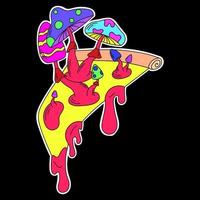 A psychedelic pizza sticker with psychedelic mushrooms growing out of it. Pink liquid drips from the pizza. Surrealism. vector