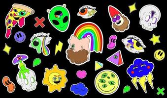 A set of psychedelic stickers, a rainbow, an illustration of a man vomiting a rainbow, an alien, a pizza with eyes. Surrealism. vector