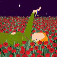 A girl in a military uniform, without a face, lies in a field of poppies at night, raising her hand up, a ribbon with the flag of Ukraine on her arm. Support Ukraine. Flat vector illustration.