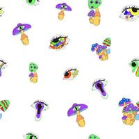 Seamless pattern with psychedelic mushrooms and eyes. Vector illustration