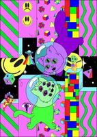 Space poster. Vector crazy illustration. Smiley face, magic mushrooms, cosmos, techno, acid, trippy style. Psychedelic poster. Surrealism