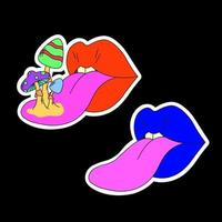 A set of two psychedelic lips. Lips with tongue sticking out, mushrooms. Surrealism.