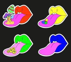 un conjunto de cuatro labios psicodélicos. labios con lengua protuberante, hongos, emoticonos y pastillas en la lengua. surrealismo. vector