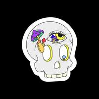 A psychedelic skull with a third eye and mushrooms climbing out of the socket. Surrealism vector