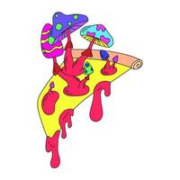 A psychedelic pizza sticker with psychedelic mushrooms growing out of it. Pink liquid drips from the pizza. Surrealism. vector