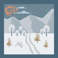 Fondo de paisaje de montañas de invierno para tarjetas de felicitación de Navidad e invitaciones. Bosque nevado de clima frío para proyectos de Navidad de invierno. ilustración de vector plano en estilo escandinavo.