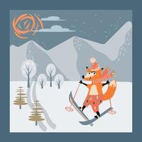 lindo personaje de dibujos animados de animales zorro esquiando en las montañas, ilustración vectorial plana en el fondo del paisaje invernal. tarjeta de felicitación de navidad o plantilla de fiesta de año nuevo. vector