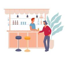 Bartender and customer at the bar counter, flat vector illustration isolated on white background. Pub or bar scene.