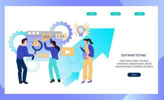 Software testing and site development banner template with programmers and testers busy with analysing website. Internet technology of programming and data optimization. Flat vector illustration.