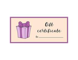 Gift certificate template isolated. Cartoon simple style. Flat vector illustration of gift voucher with text and present box