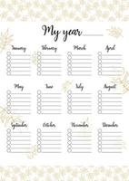 Year planner template isolated. Printable task organizer by months of year. Blank vector illustration of personal to do list