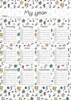 Year planner template isolated. Vector printable task organizer by months of year. Funny doodle design. Blank illustration of personal to do list.