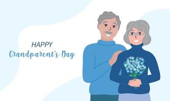 Grandparents Day celebration greeting card, poster. Happy elderly family couple. Grandmother and grandfather together. Smiling granny holding forget-me-not flowers bouquet. Flat vector illustration