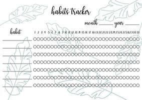 Habits tracker printable template. Blank notebook page horizontal A4. Vector illustration of paper sheet for marking habits success in month. Tropical background