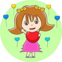 una chica linda sostiene un icono de corazón con algunos globos a su alrededor, ilustración, vector