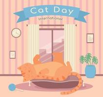 Cat Day greeting card . Congratulations on Cat Day. It is celebrated on August 8. Cartoon cat. Vector illustration