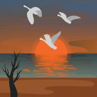 ilustración vectorial de aves migratorias con vistas al atardecer a la luz del atardecer. ilustración vectorial en un estilo plano. día de las aves migratorias. los pájaros vuelan contra la puesta de sol.