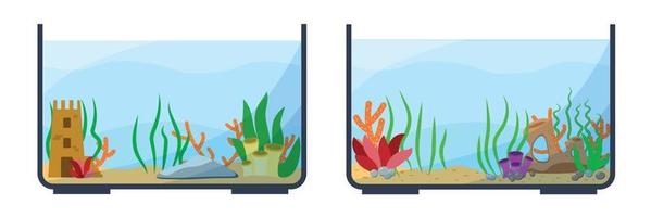 Beautiful fish tanks set. Different types. Aquarium collection. Exotic pet in your house. Editable vector illustration isolated on a white background. Colorful cartoon flat style. Graphic design
