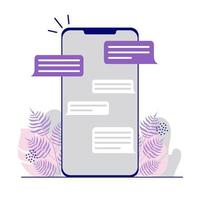 Chatting and messaging on a smartphone. Screen with speech bubbles. Floral background. vector