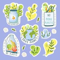 Ecological stickers. Environment protection, sustainability concept. No plastic, safe planet, use your own bag. Reuse. Recycle. vector