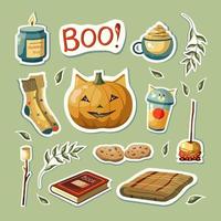 Set of autumn vector illustrations with pumpkin, candle, marshmallow, caramel apple, and items.