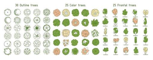 Tree for architectural floor plans. Entourage design. Various trees, bushes, and shrubs, top view for the landscape design plan. Vector illustration.