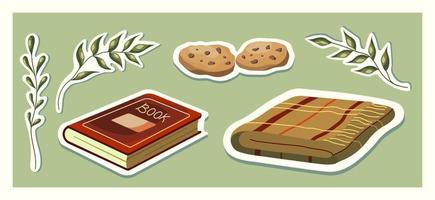 acogedor conjunto de artículos para el hogar sobre el tema de la lectura. libro, manta y galletas. vector