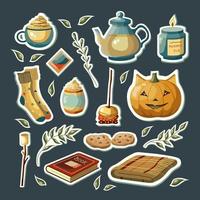 Set of autumn vector illustrations with pumpkin, latte, leaves, cozy food, and items. Cute fall stickers.