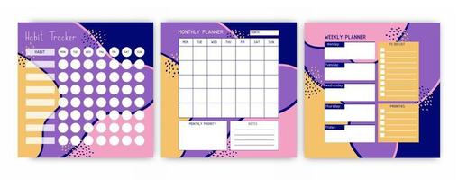 Set of templates of habit tracker, weekly planner, and monthly planner. A planner for the organization of time. vector