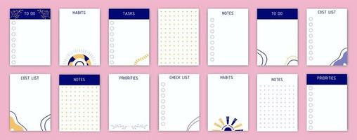 Templates of to-do lists, notes, tasks, and cost lists. A planner for the organization of time. vector