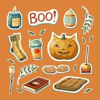 Set of Halloween vector illustrations with pumpkin, cookies, marshmallow, caramel apple, and items. Cute fall stickers.