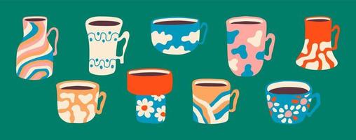 Illustration of abstract bowls with clouds, flowers, and stains patterns. Set of modern cups. vector