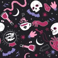 Seamless pattern with skulls and magic items. Vector graphics.