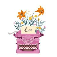 Old style pink typewriter with flowers isolated on white background. Vector graphics.