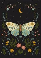Postcard with a butterfly in boho style. Vector graphics.