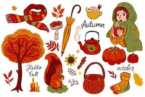 conjunto de artículos de otoño aislado sobre fondo blanco. gráficos vectoriales vector