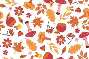 Seamless autumn pattern with mushrooms, flowers, leaves, apples on a white background. Vector graphics.