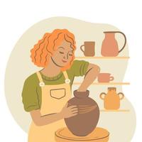 A woman ceramist works on a potter's wheel. Vector graphics.
