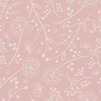 Vector cute floral pattern on a pink background. Delicate twigs and branches with leaves. Doodle blooming flowers, berries and buds on the stem.