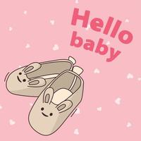 Cartoon Gift card for child with text hello baby and picture of cute sandals with a hare. vector