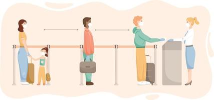 ilustración vectorial personas hombres mujeres y niños esperando el embarque o el check-in en el aeropuerto en una cola con una distancia en una pandemia vector