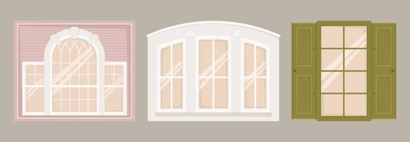 Vector illustration set of architectural images. Windows of various shapes and sizes in a classic style. Exterior and decor of buildings.