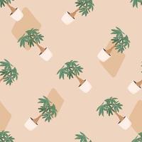 Vector trendy illustration seamless pattern of home plant in a pot. Money bonsai or pachira aquatica. Wooden trunk and large green leaves. Object for decoration.